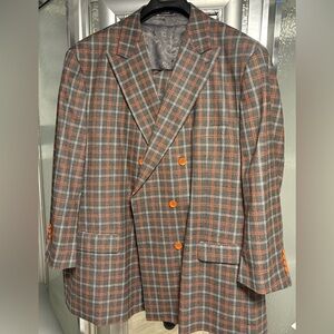 Mens Royal Diamond Gray /w Orange Plaid Double Breasted Suit 3pc Sz. 60 Long